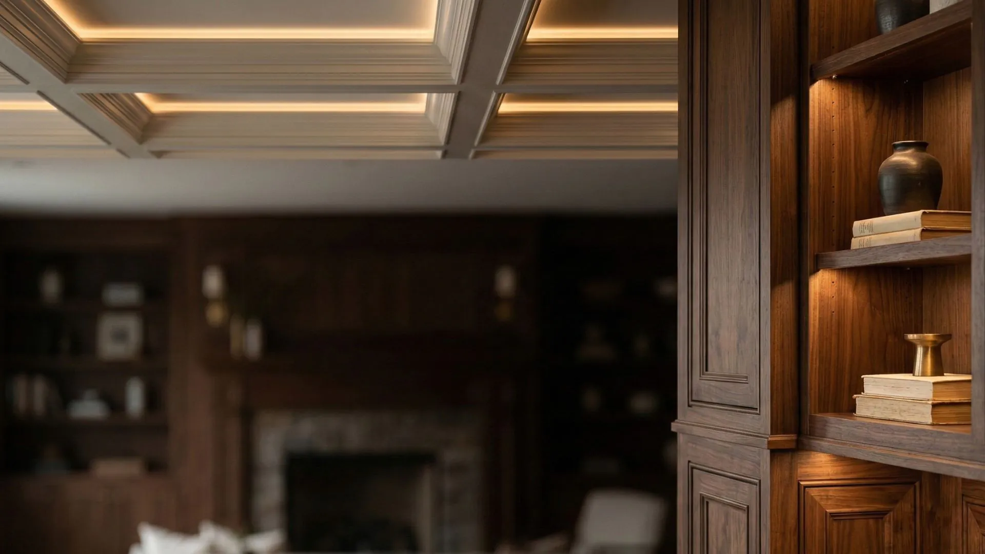 Fitted wood millwork with coffered ceiling detail installed