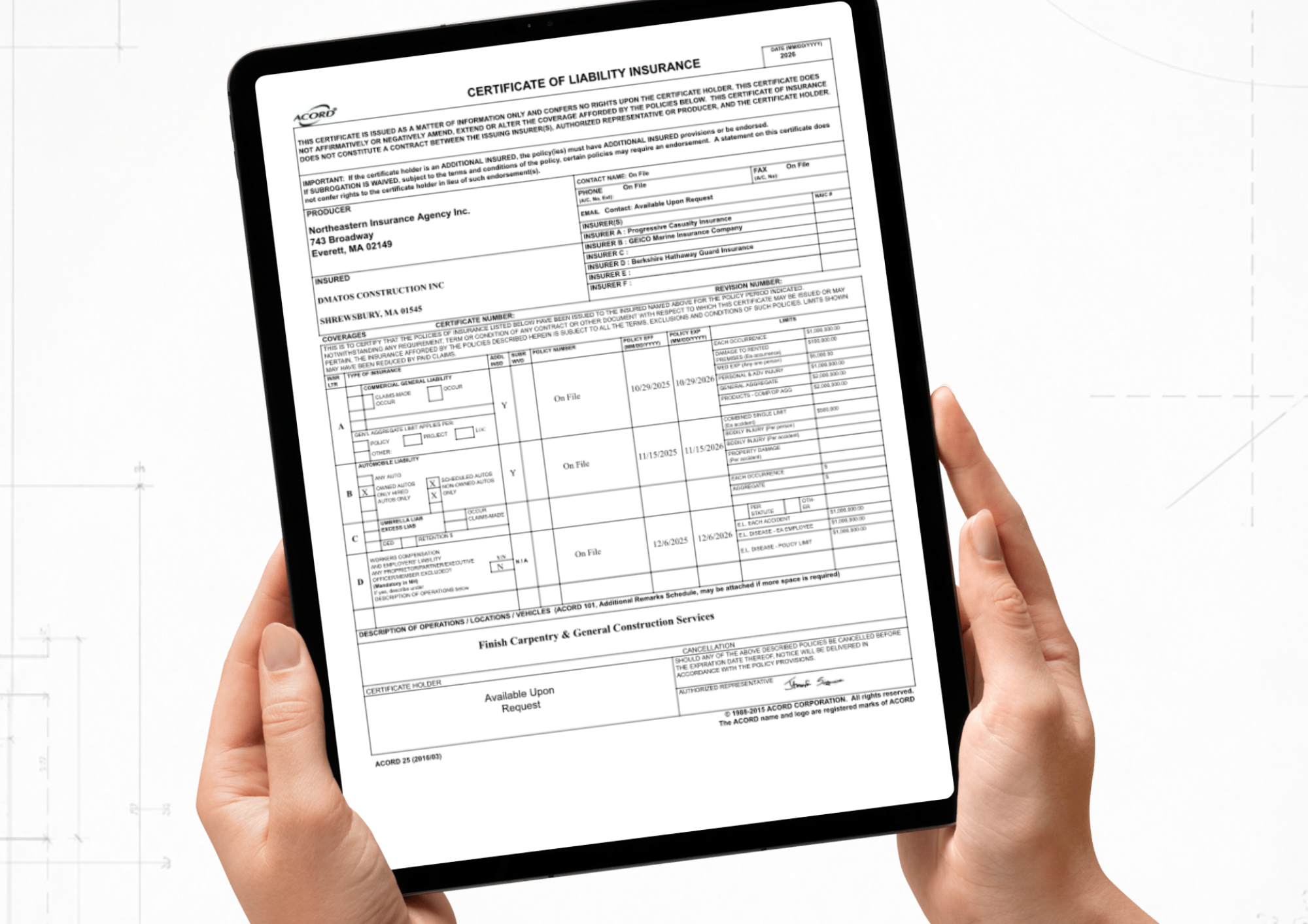 Certificate of liability insurance on a clipboard