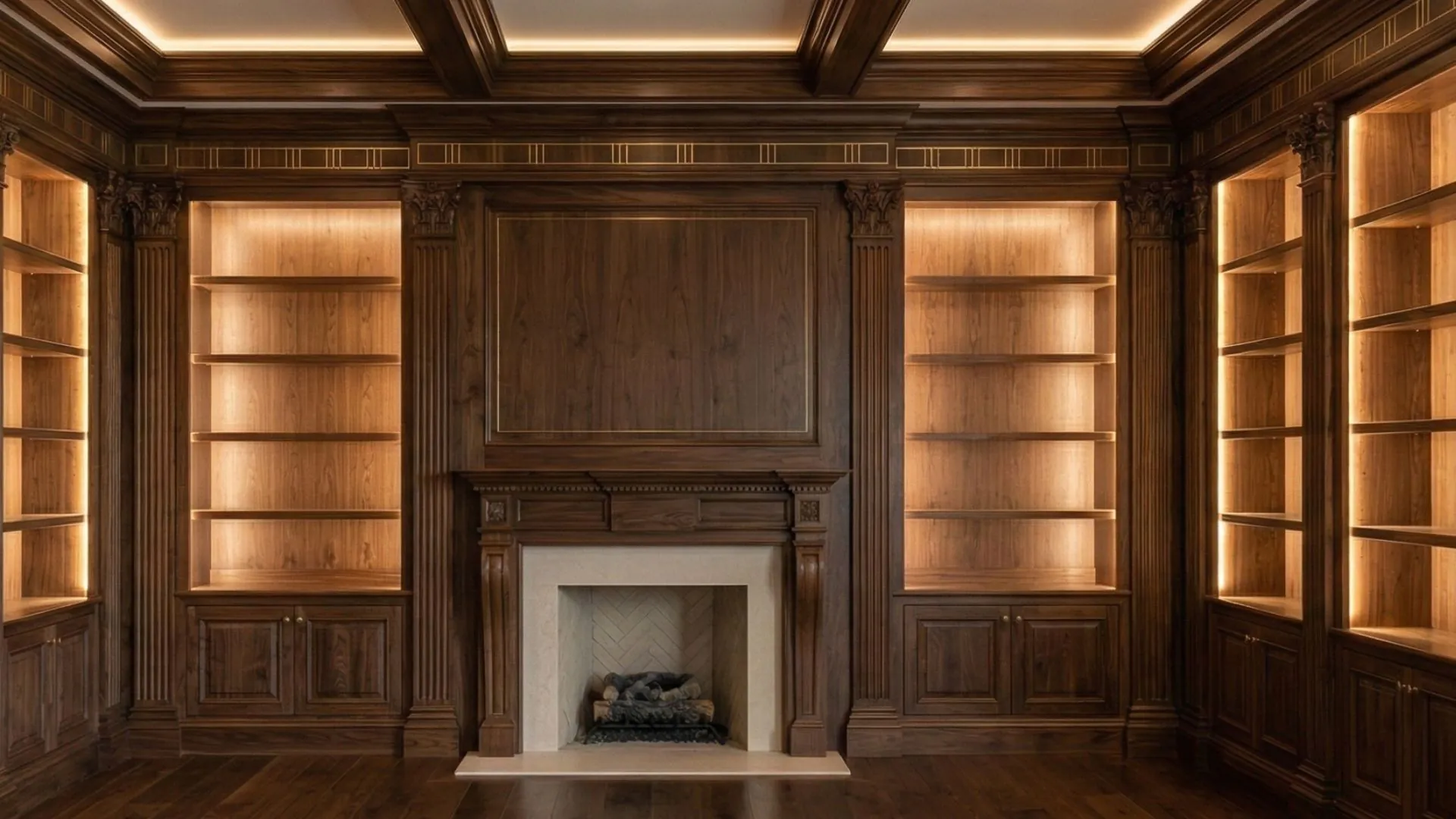 Built-in library millwork with fitted shelving and trim